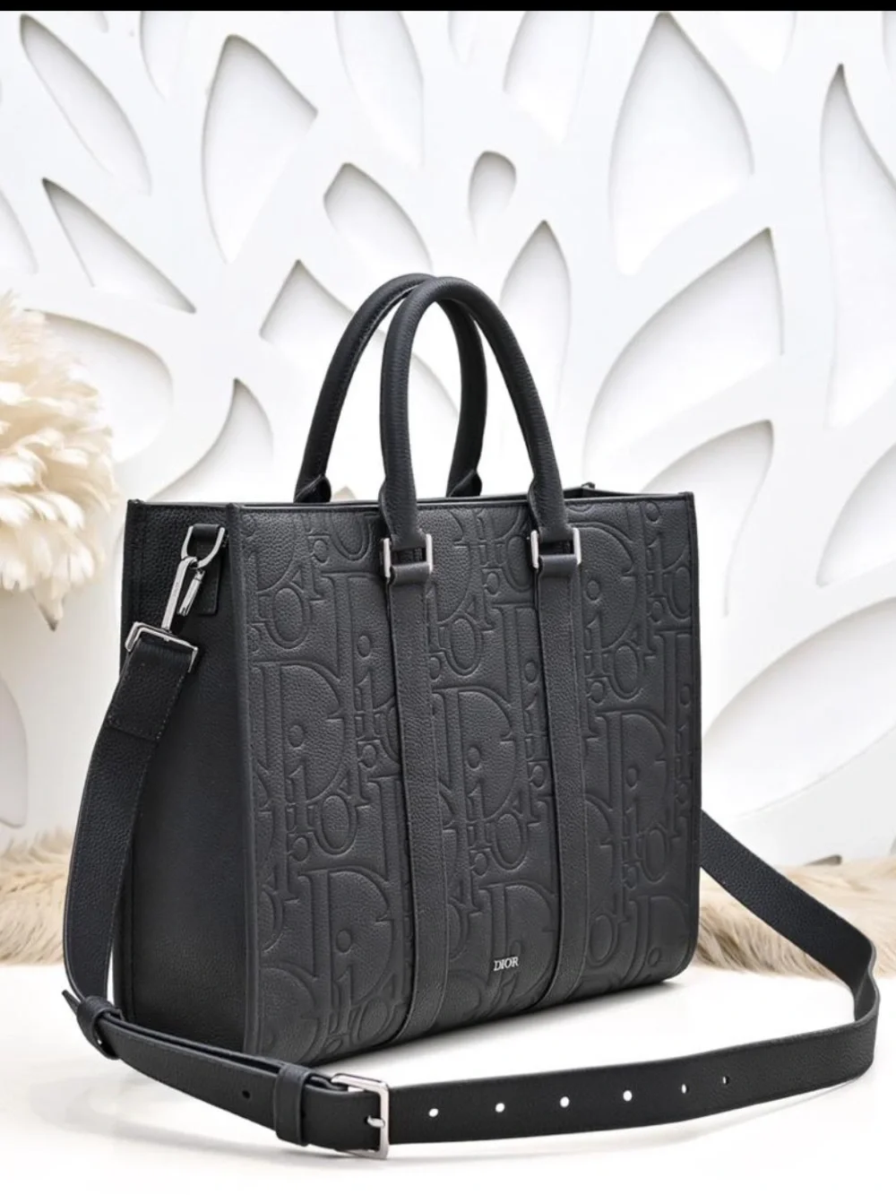Black Dior Embossed Logo Briefcase Tote